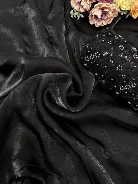 Women's Classic Black Shimmer Saree with All-Over Sequin Embellished Blouse Piece