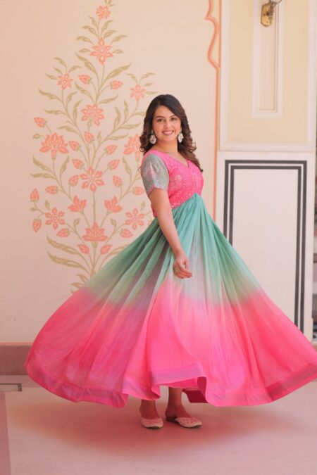 Dual-Tone Ombre Gown for Women in Candy Pink & Aqua Green – Embroidered Bodice & Premium Festive Wear