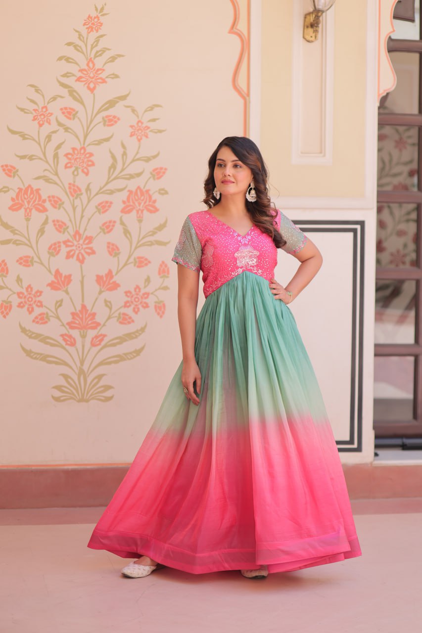 pink and green ombre dress SAU LEE Nova Gown in Pink Chartreuse Ombre