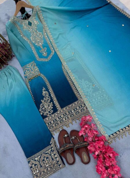 Women's Chinon Silk Embroidery Straight Salwar Suit and Dupatta