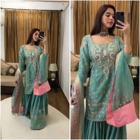 Women's Chinon Silk Heavy Embroidery Kurta Set Green
